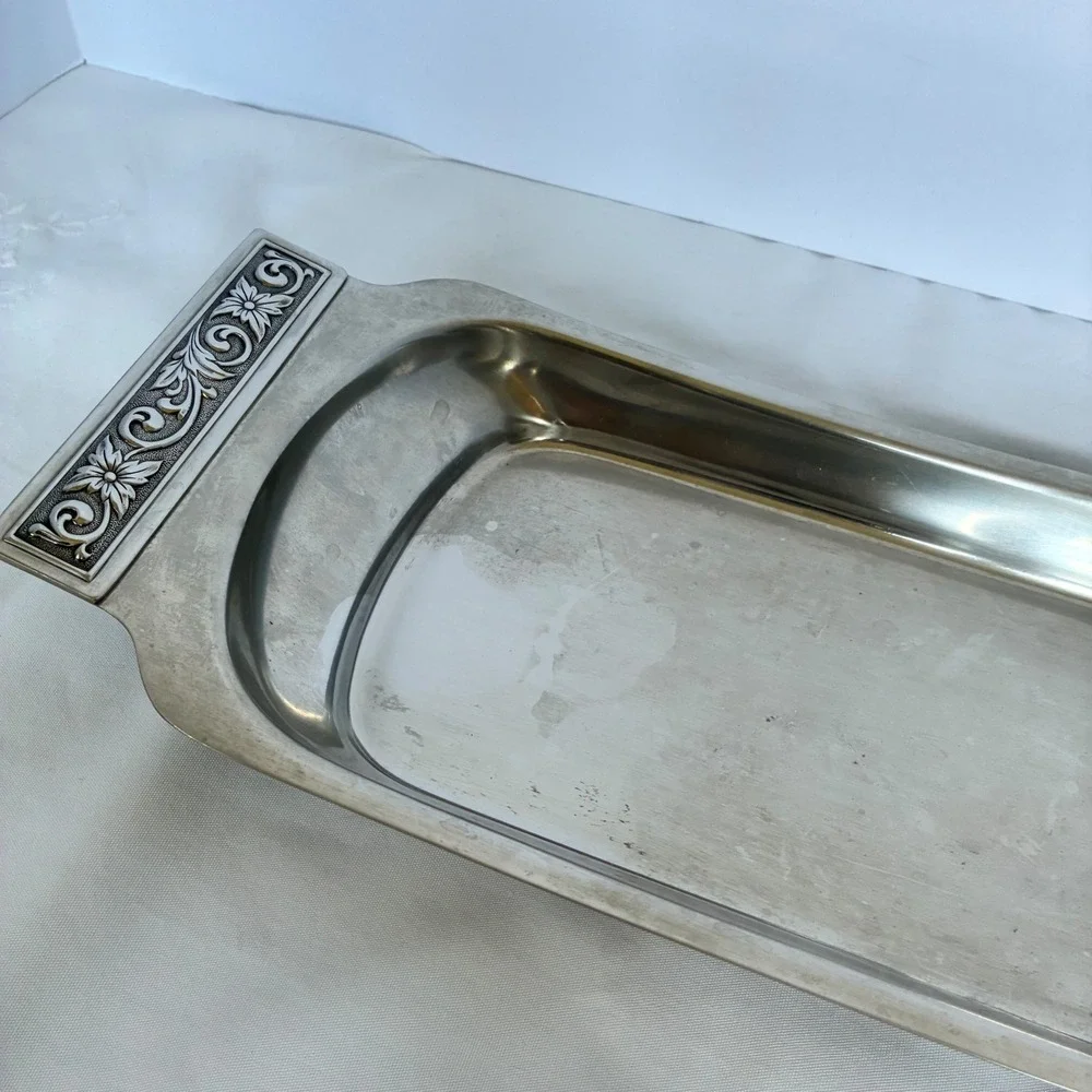 Vtg International Decorator Stainless Tray Floral Scroll Handle MCM Chic Retro